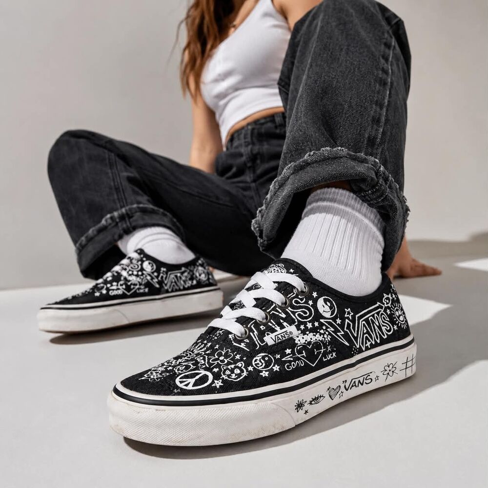 Vans Graffiti Doodle Peace Love Black Gothcore Sneakers Shoes Womens 6.5 Men 5
